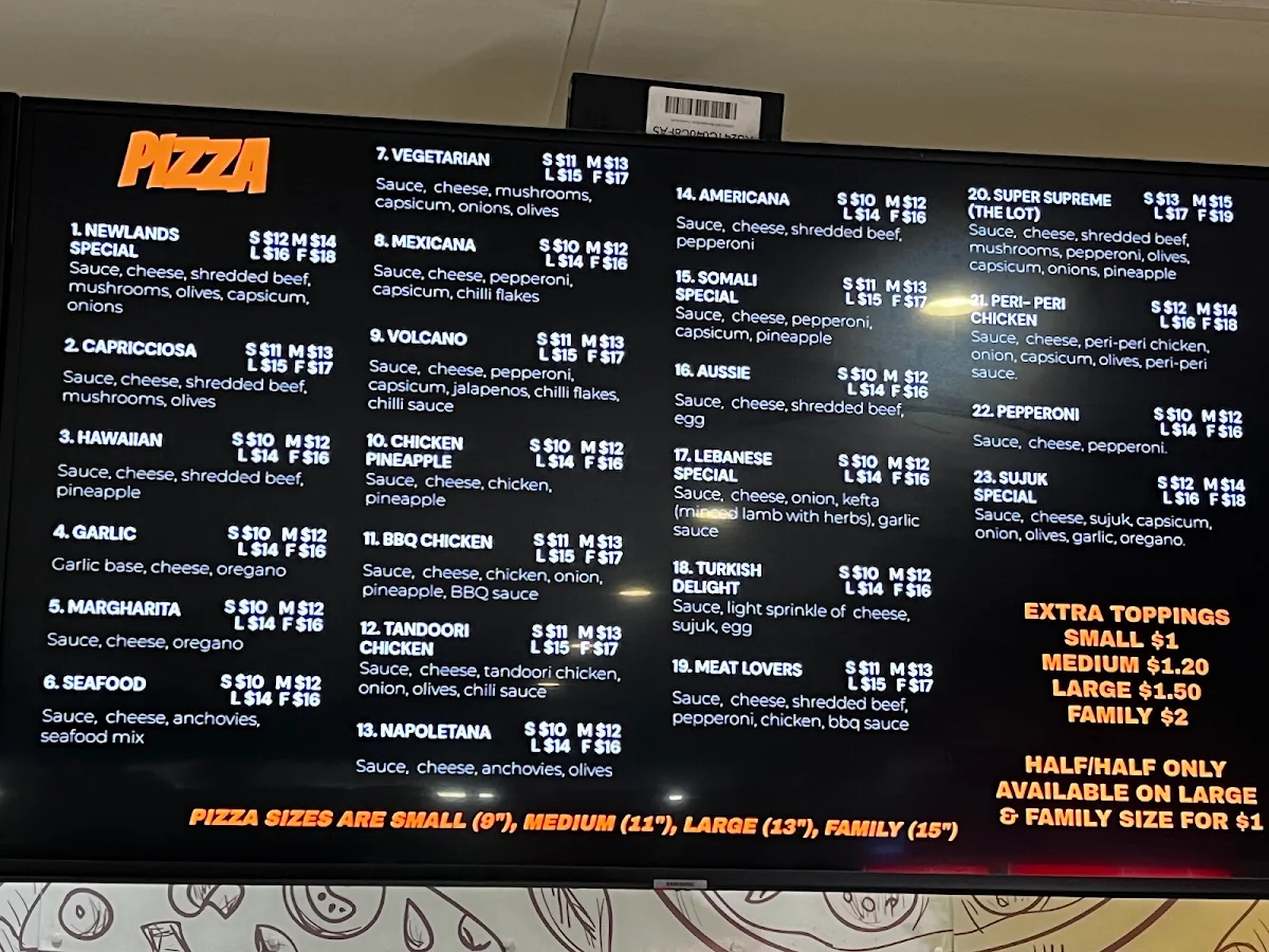 Menu, Newlands Pizza