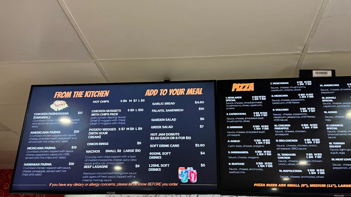 Menu, Newlands Pizza