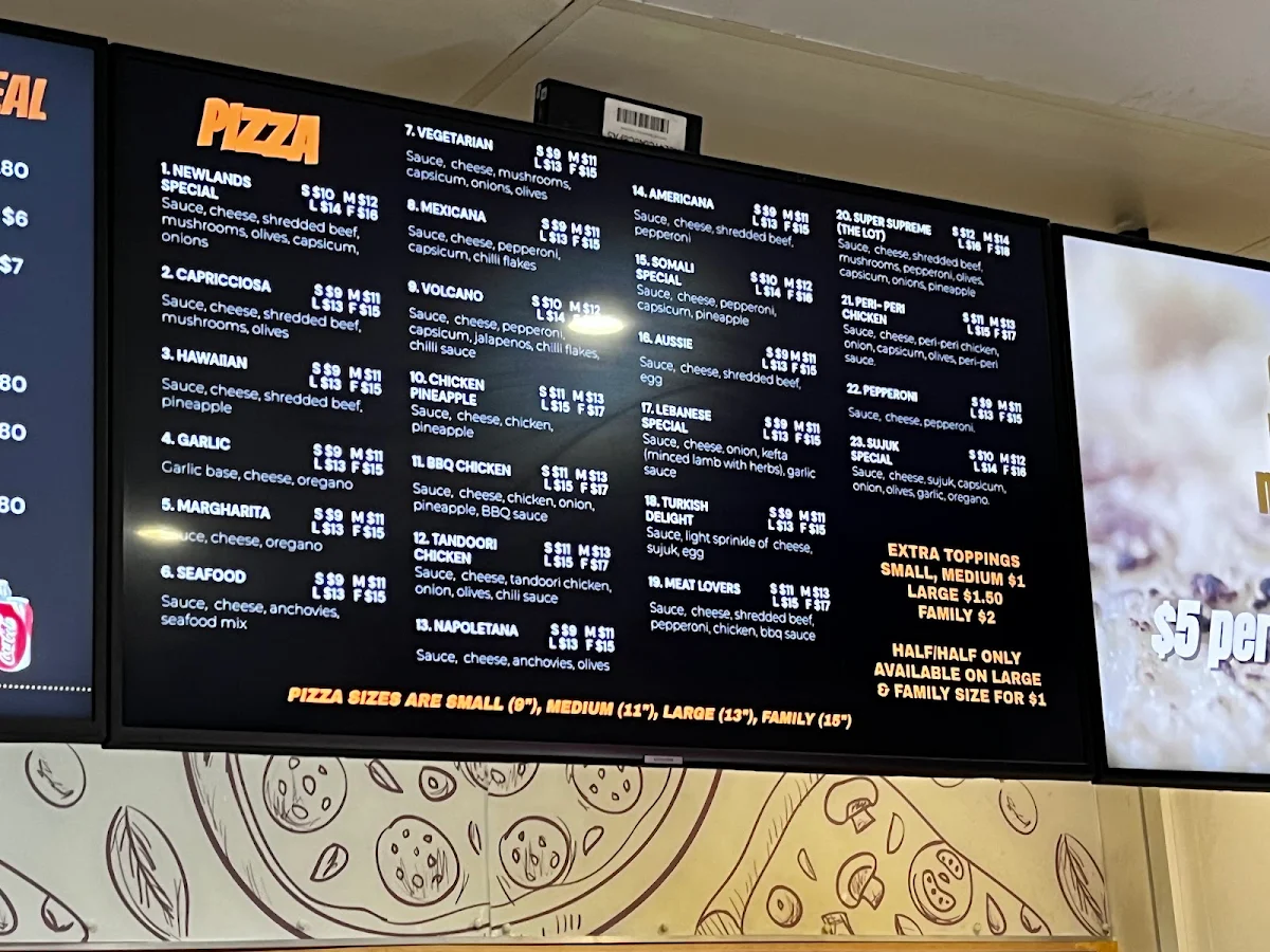 Menu, Newlands Pizza