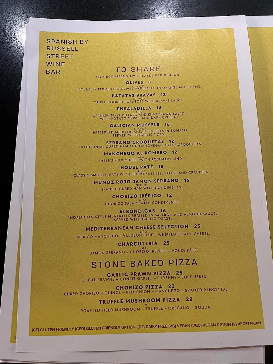 Menu, Russell Street Wine Bar