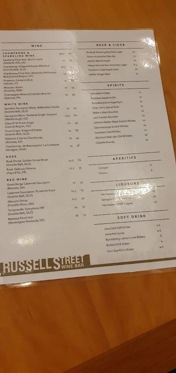 Menu, Russell Street Wine Bar