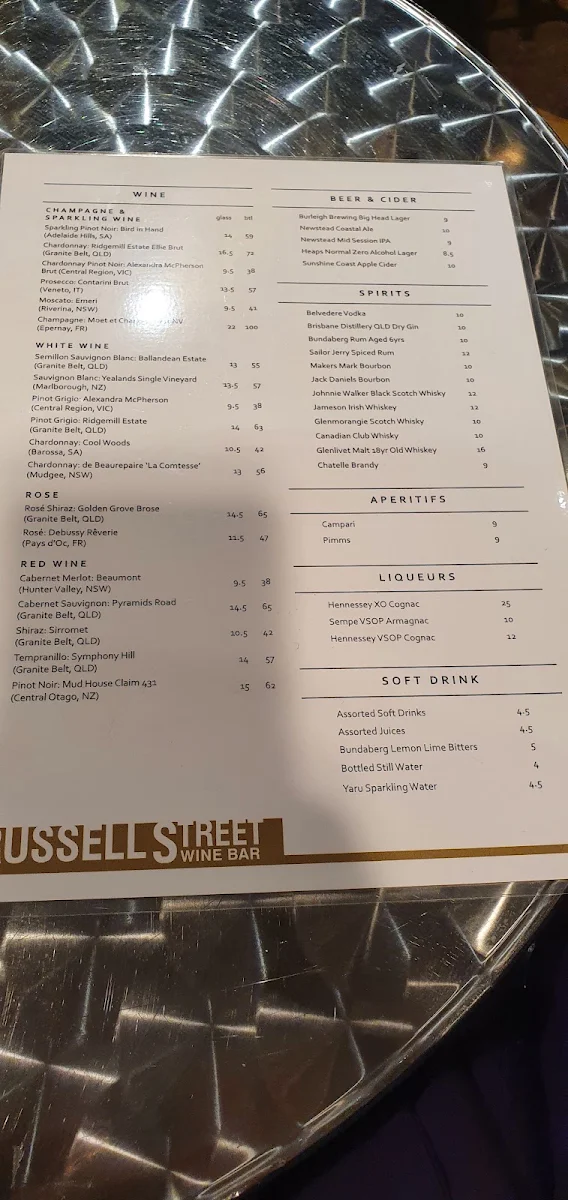 Menu, Russell Street Wine Bar