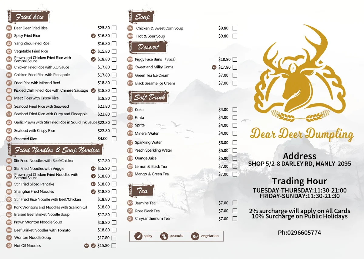 Menu, Dear Deer Dumpling Manly
