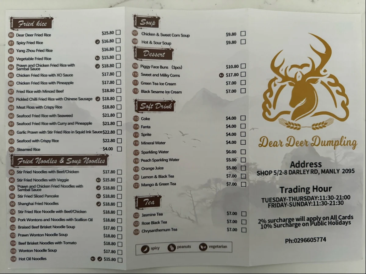 Menu, Dear Deer Dumpling Manly