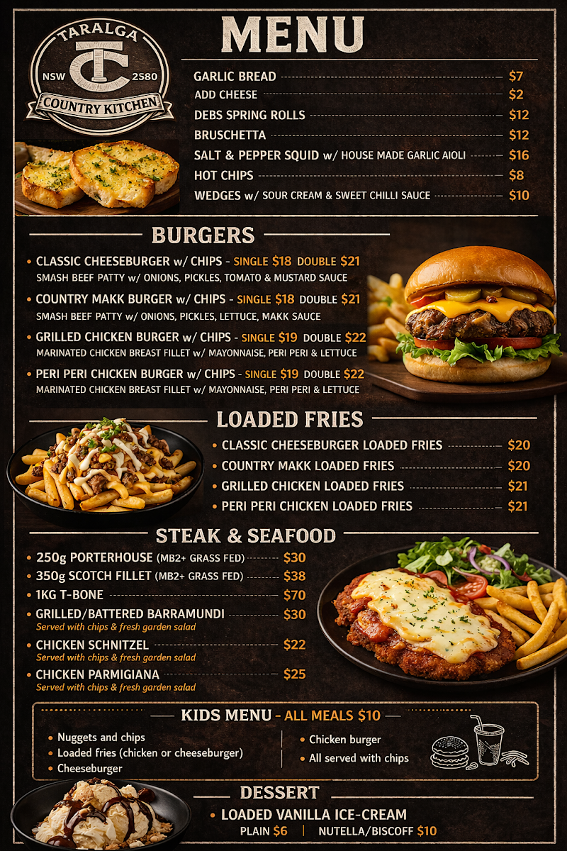 Menu, Taralga Country kitchen