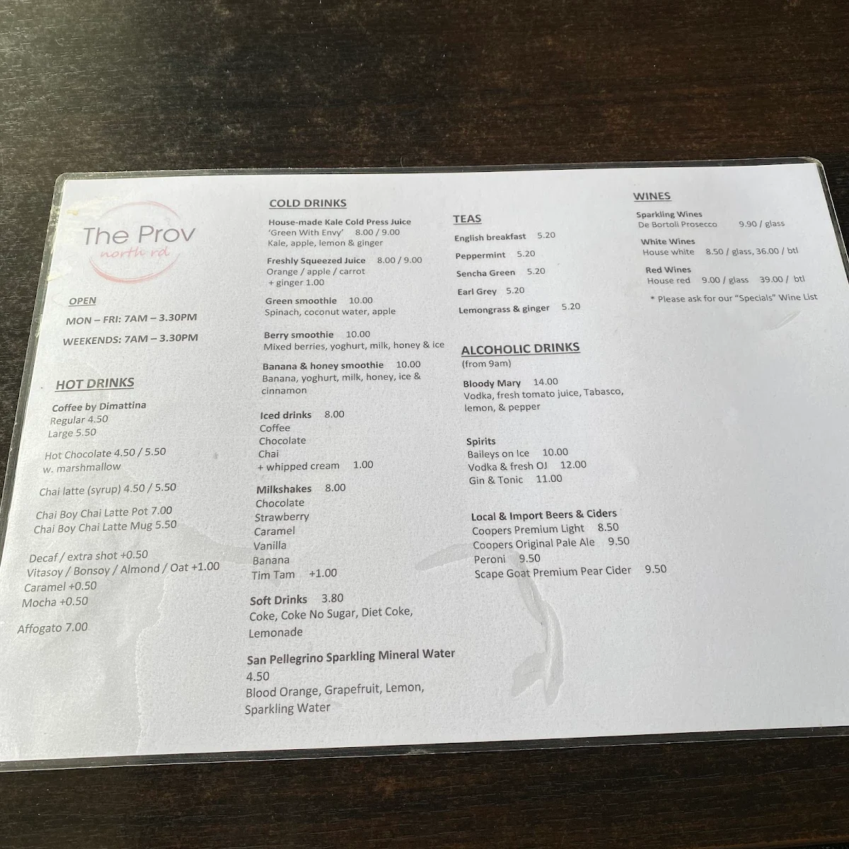 Menu, The Ormond Provedore Cafe