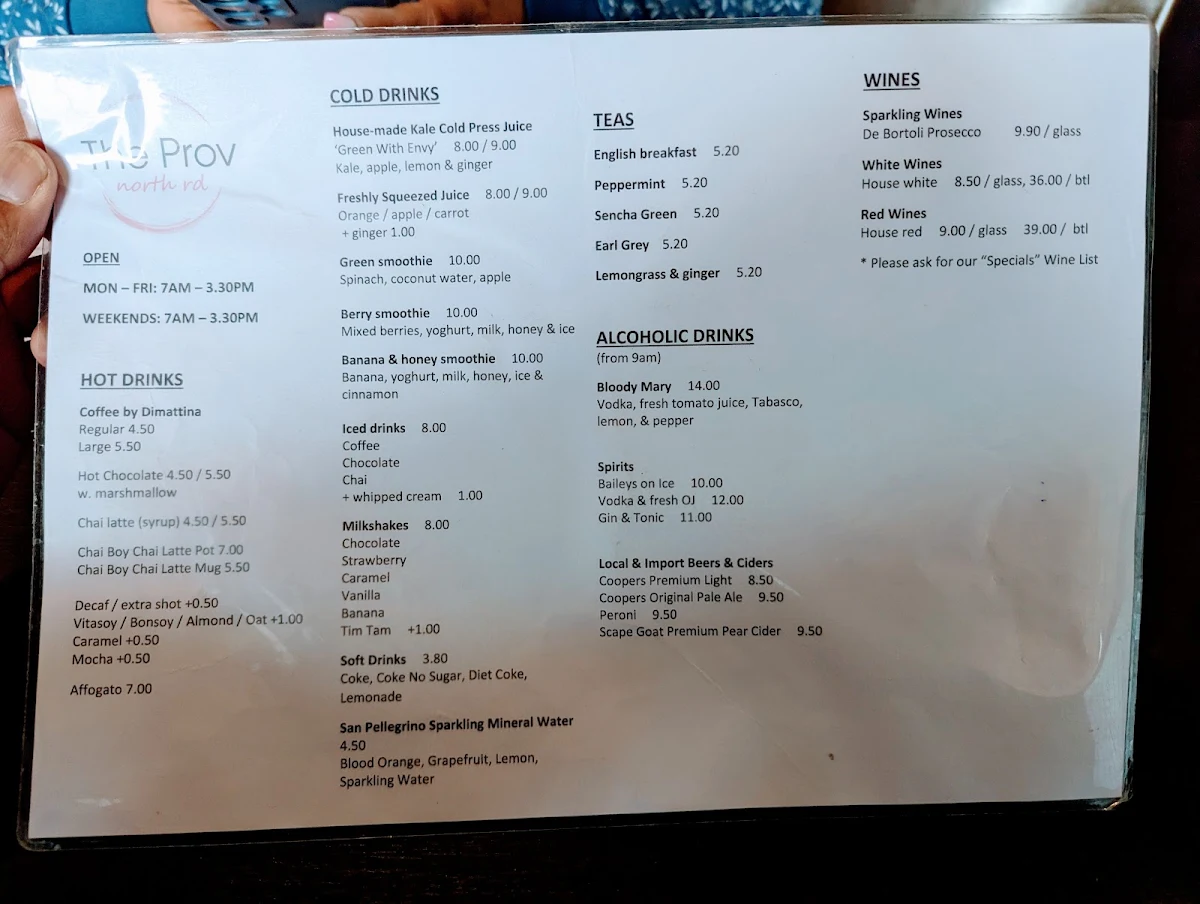 Menu, The Ormond Provedore Cafe