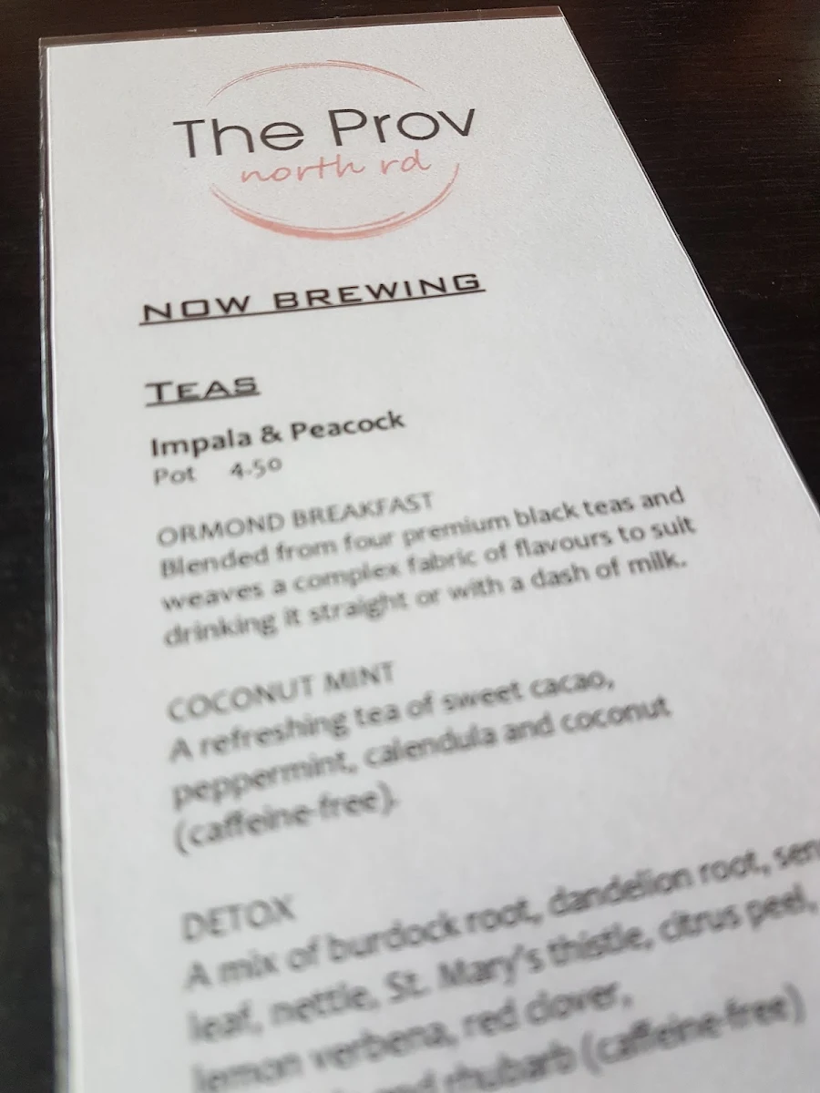 Menu, The Ormond Provedore Cafe