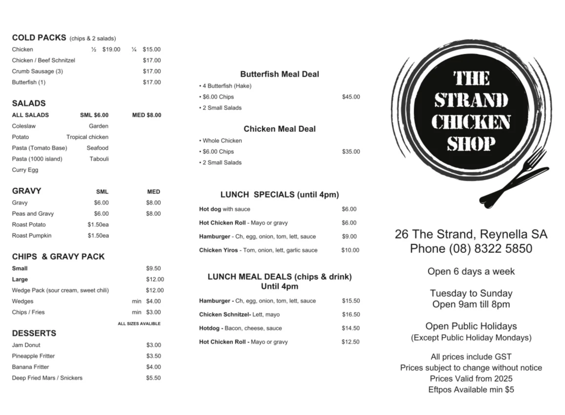 Menu, The Strand Chicken Shop