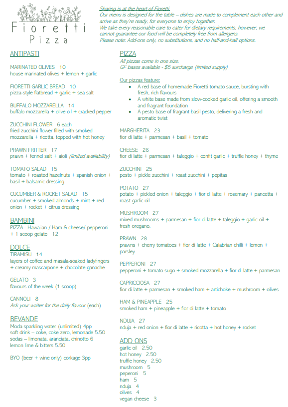 Menu, Fioretti Pizza