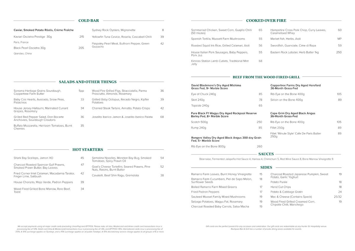 Menu, Rockpool Bar & Grill Sydney