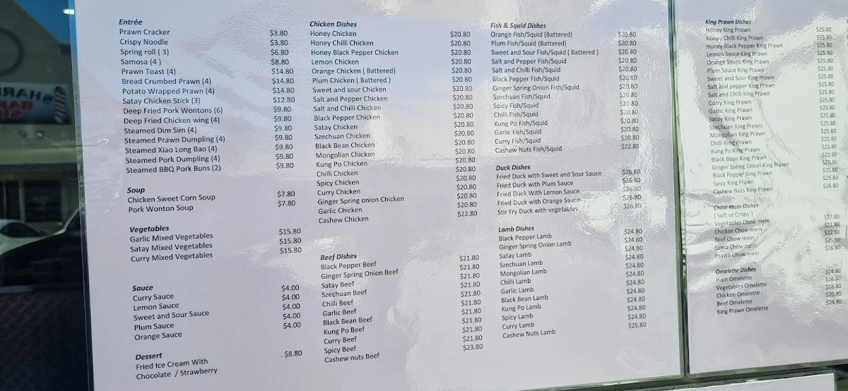Menu, Warnbro Chinese Take Away