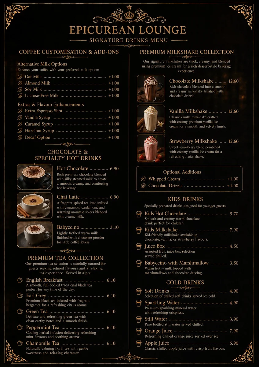 Menu, EPICUREAN LOUNGE