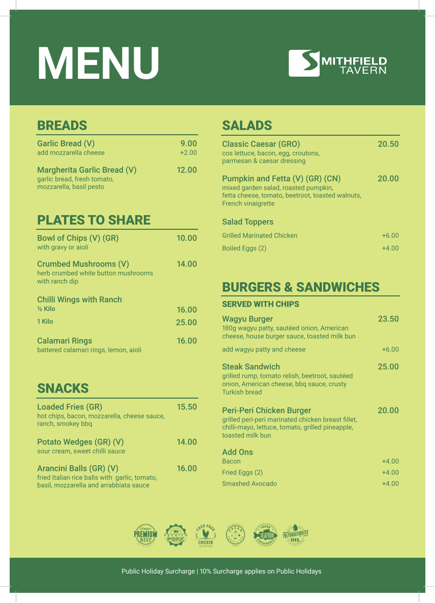 Menu, Smithfield Tavern