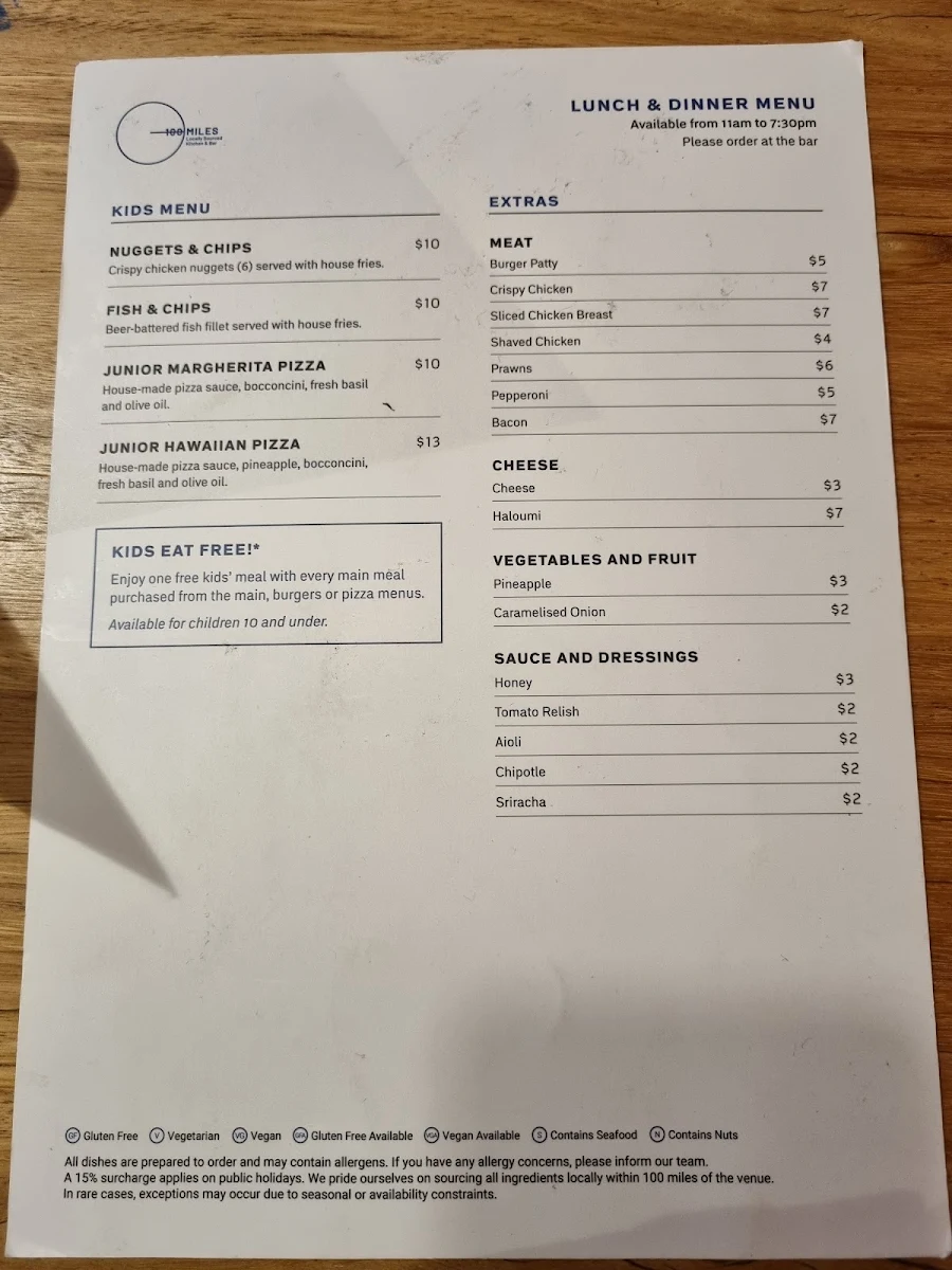 Menu, 100 Miles Kitchen And Bar