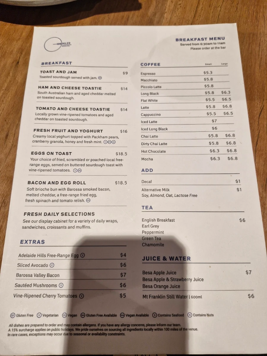 Menu, 100 Miles Kitchen And Bar