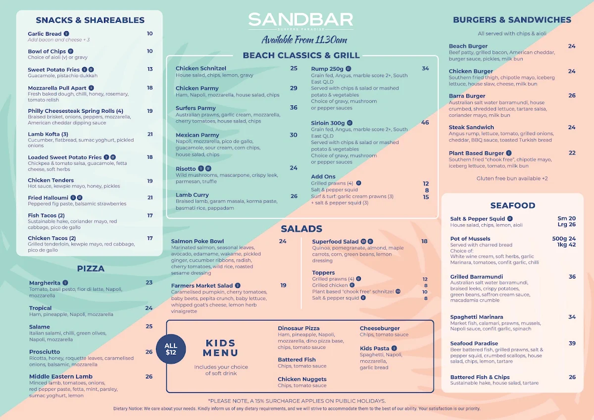 Menu, Sandbar Surfers Paradise