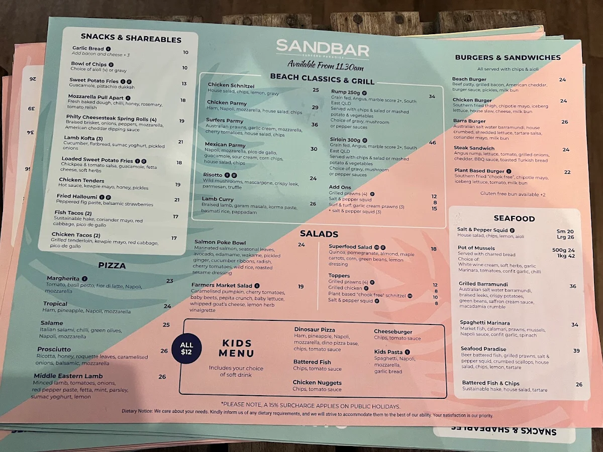 Menu, Sandbar Surfers Paradise