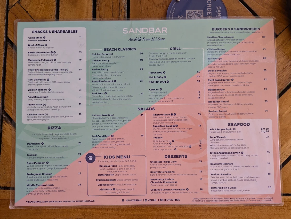 Menu, Sandbar Surfers Paradise