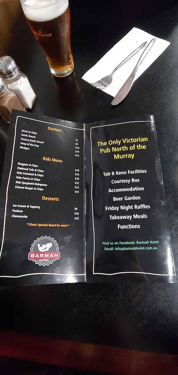 Menu, Barmah Pub