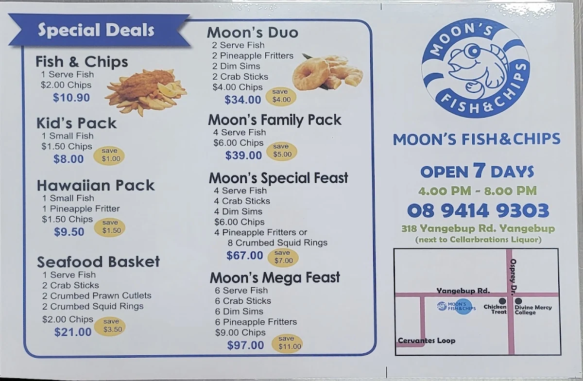 Menu, Moon's Fish & Chips
