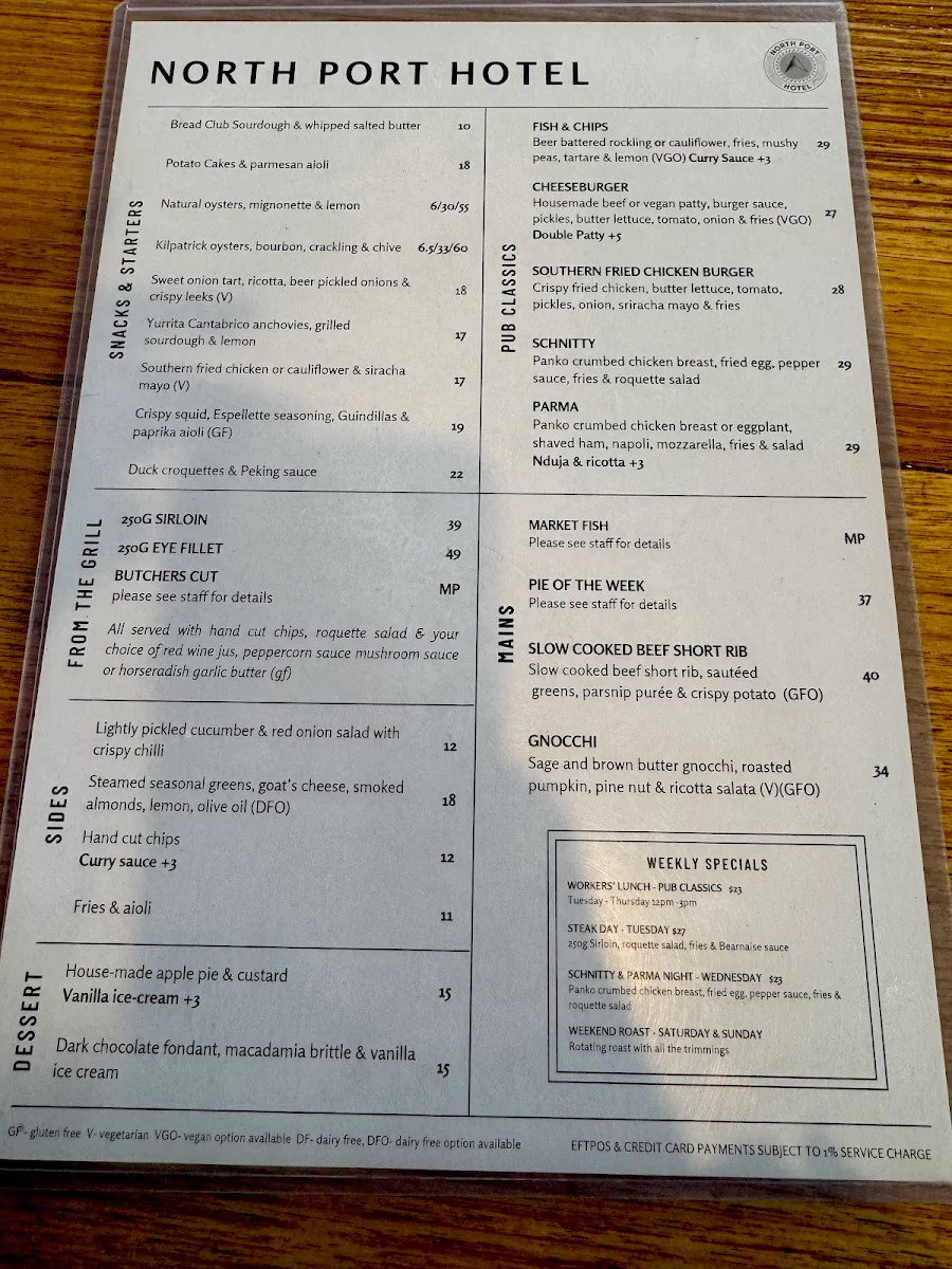 Menu, North Port Hotel