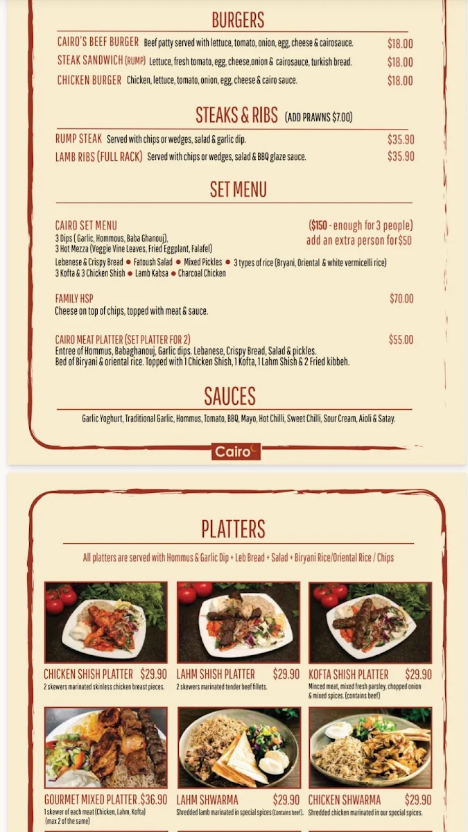 Menu, Cairo Cafe & Restaurant Cannington