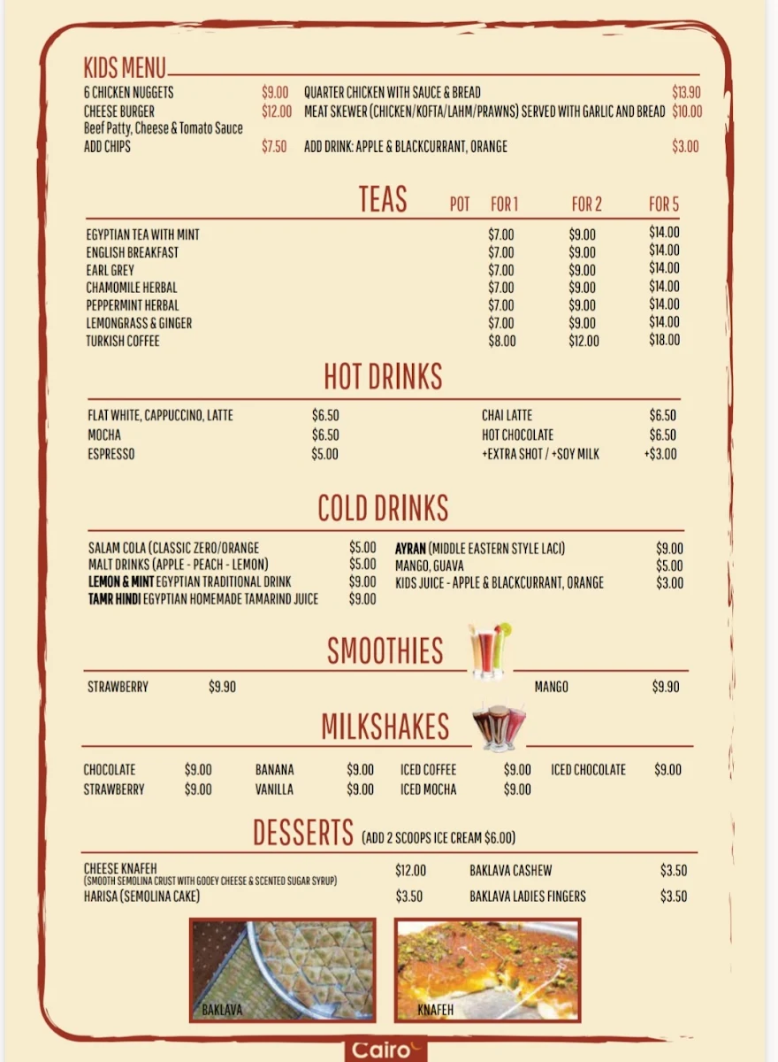 Menu, Cairo Cafe & Restaurant Cannington