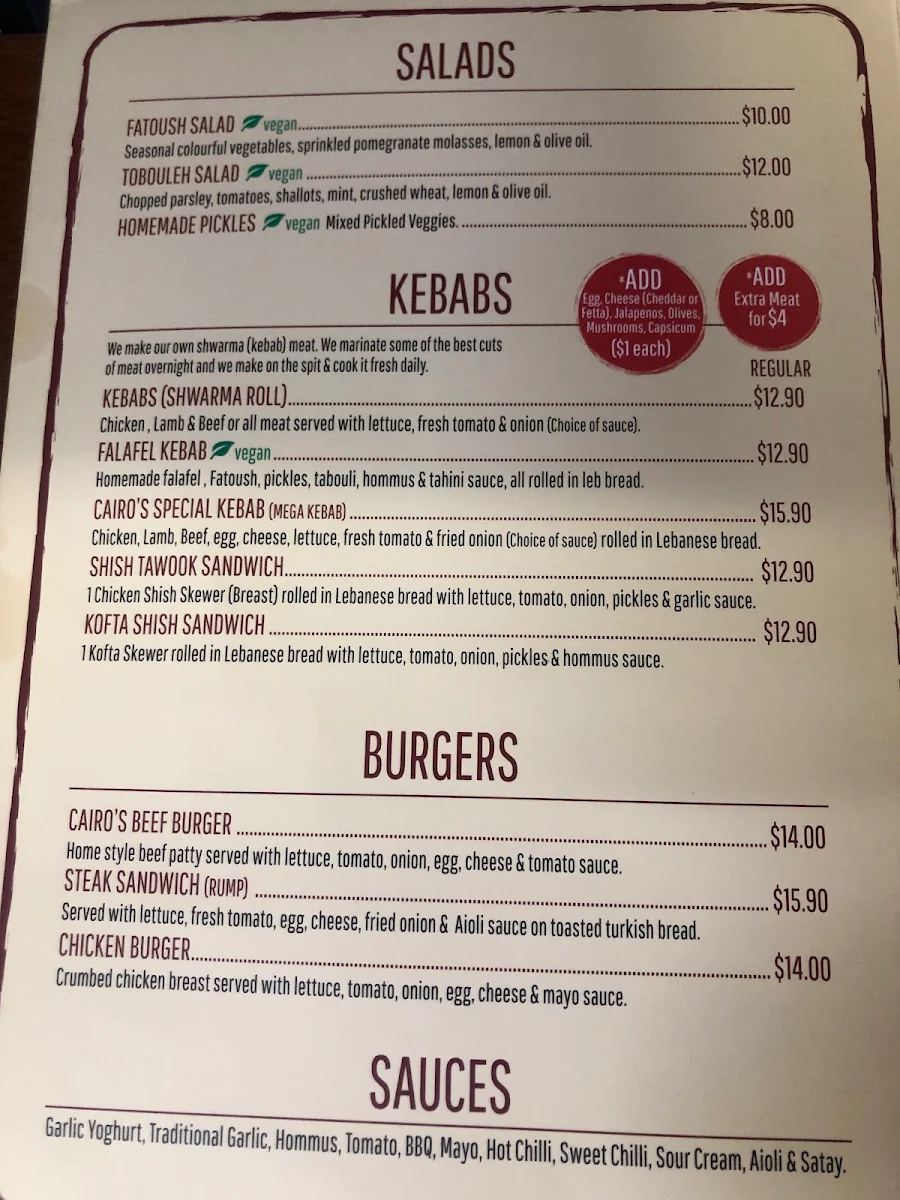 Menu, Cairo Cafe & Restaurant Cannington