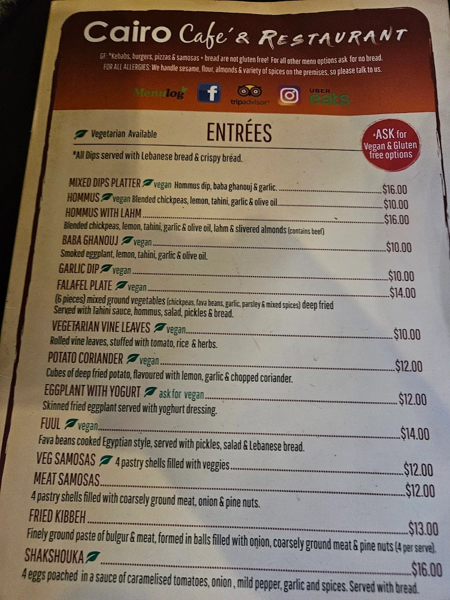 Menu, Cairo Cafe & Restaurant Cannington