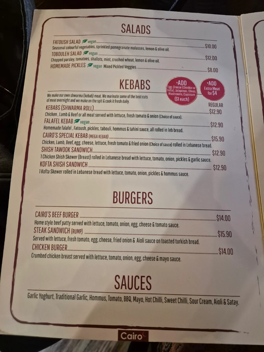 Menu, Cairo Cafe & Restaurant Cannington