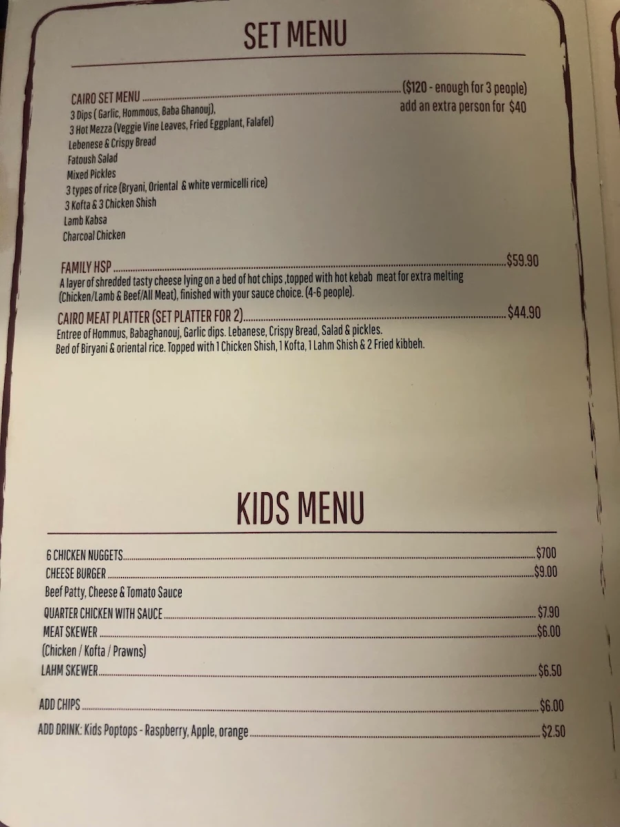 Menu, Cairo Cafe & Restaurant Cannington