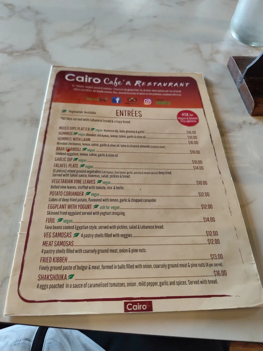 Menu, Cairo Cafe & Restaurant Cannington