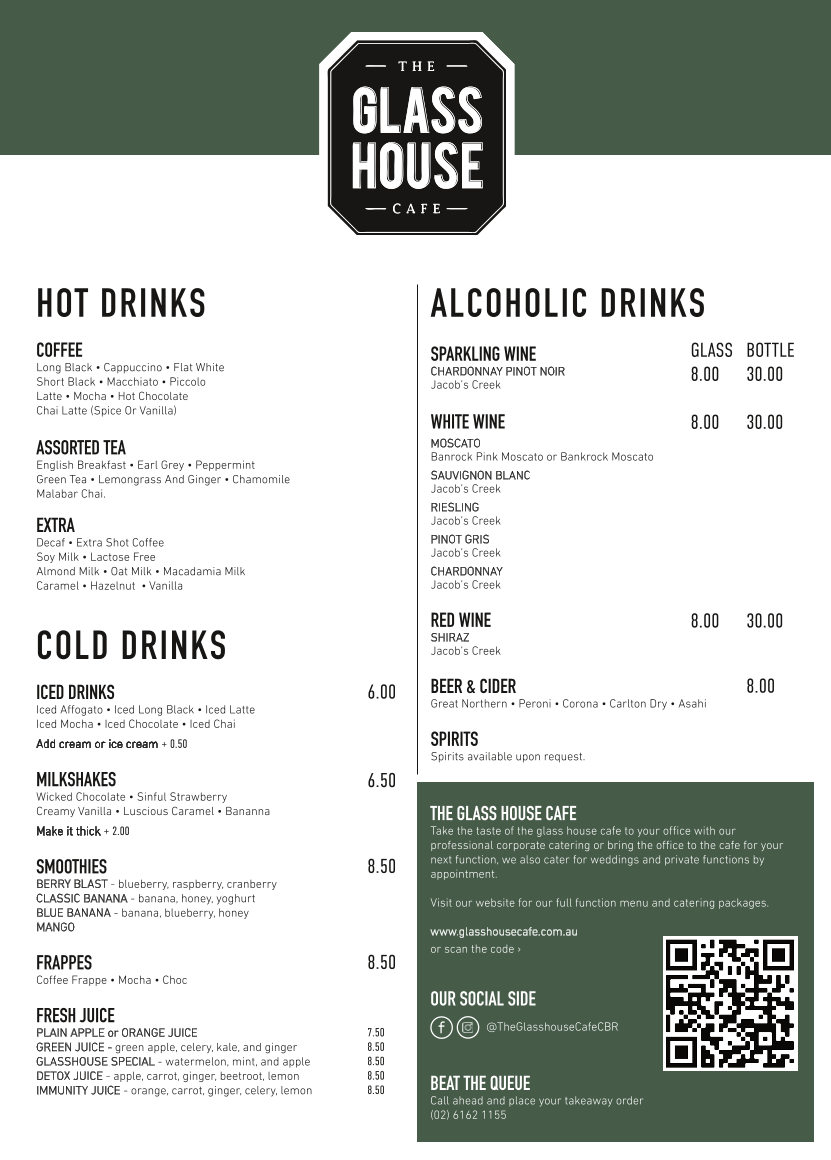 Menu, The Glasshouse Cafe