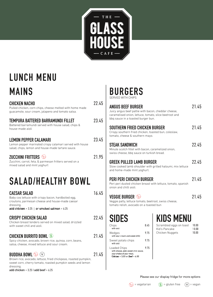 Menu, The Glasshouse Cafe