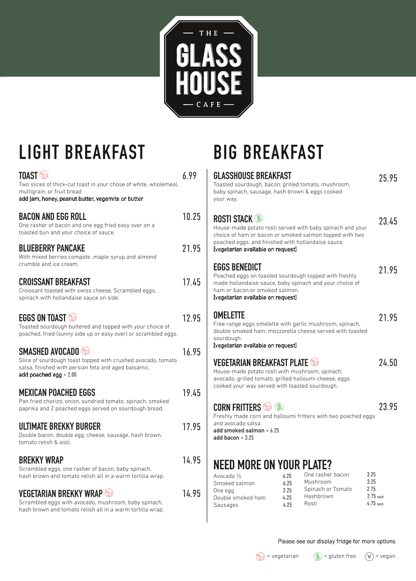 Menu, The Glasshouse Cafe