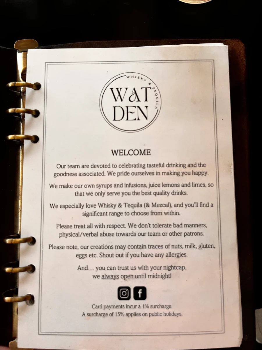 Menu, WAT Den - Whisky And Tequila + Cocktails