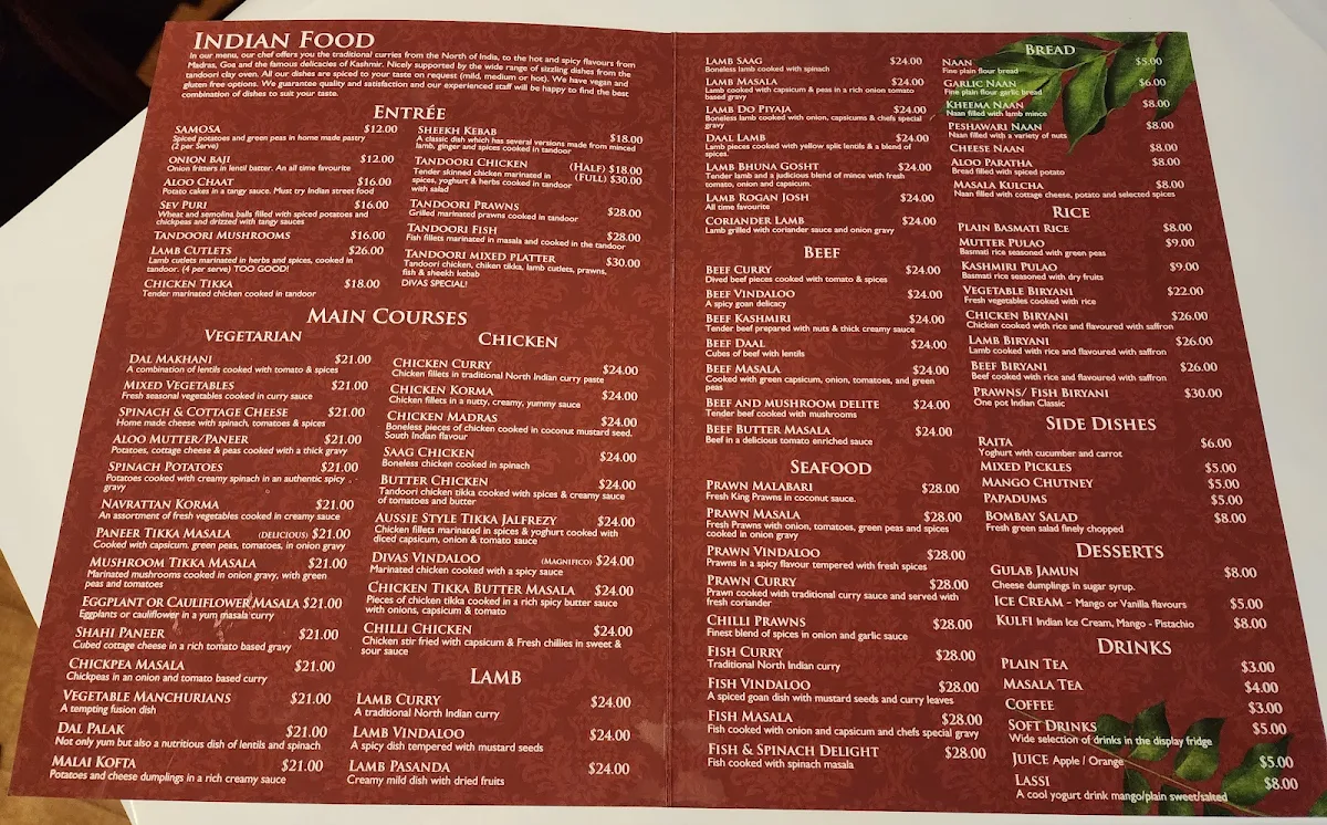 Menu, Divas Tandoori Indian restaurant