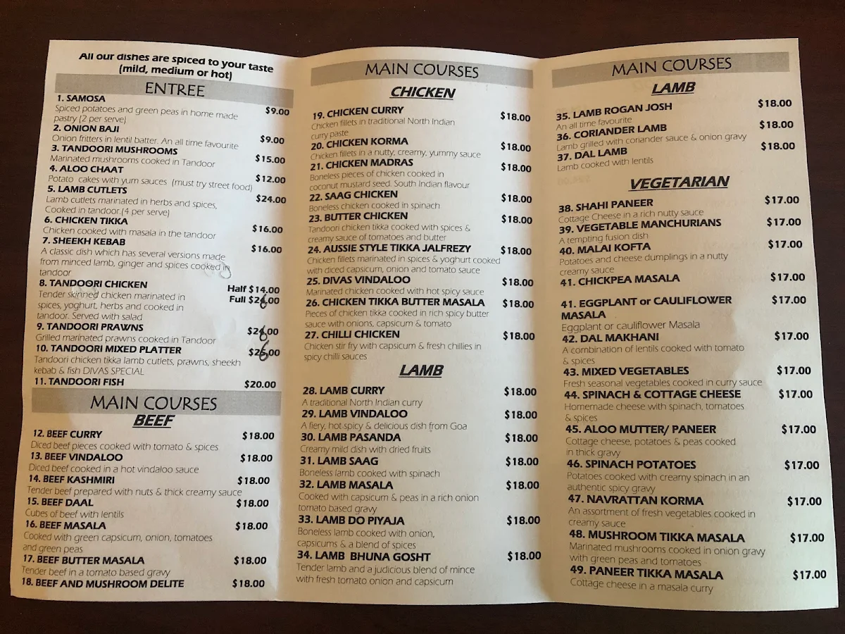 Menu, Divas Tandoori Indian restaurant