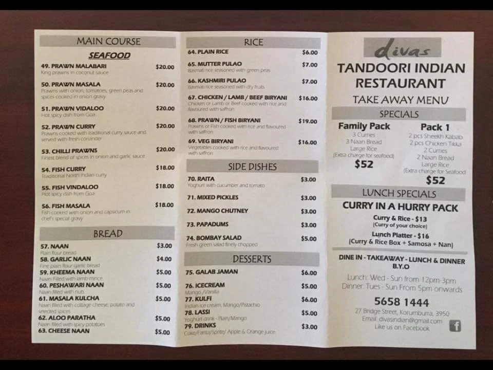 Menu, Divas Tandoori Indian restaurant