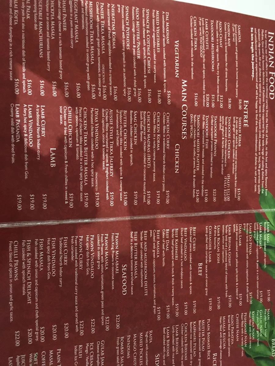 Menu, Divas Tandoori Indian restaurant