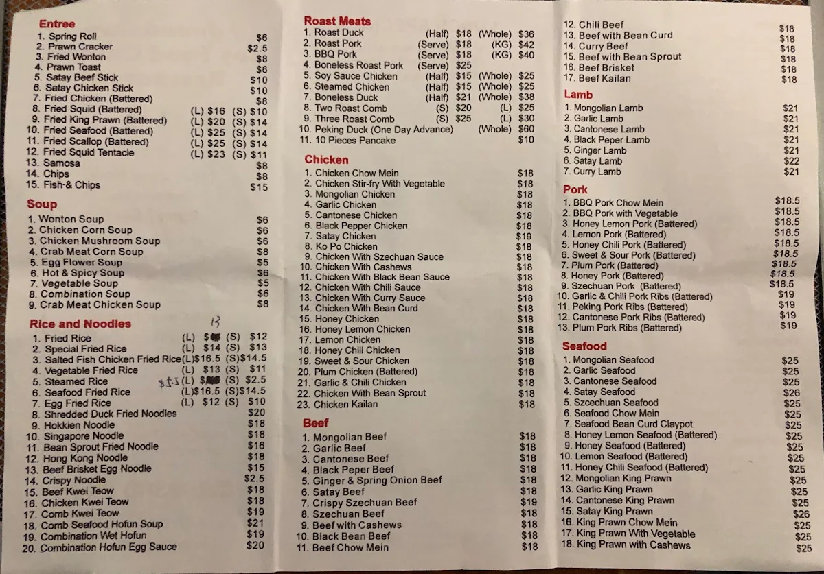 Menu, Joondalup Joy Food Chinese Restaurant