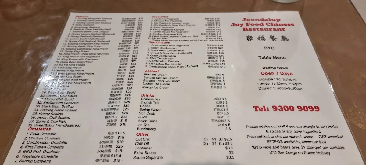 Menu, Joondalup Joy Food Chinese Restaurant