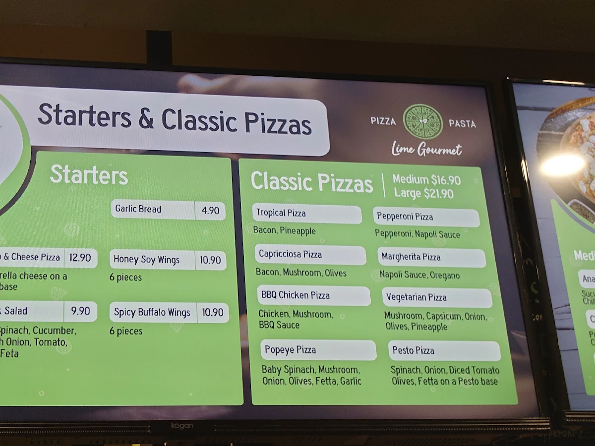Menu, Lime Gourmet Pizza and Pasta