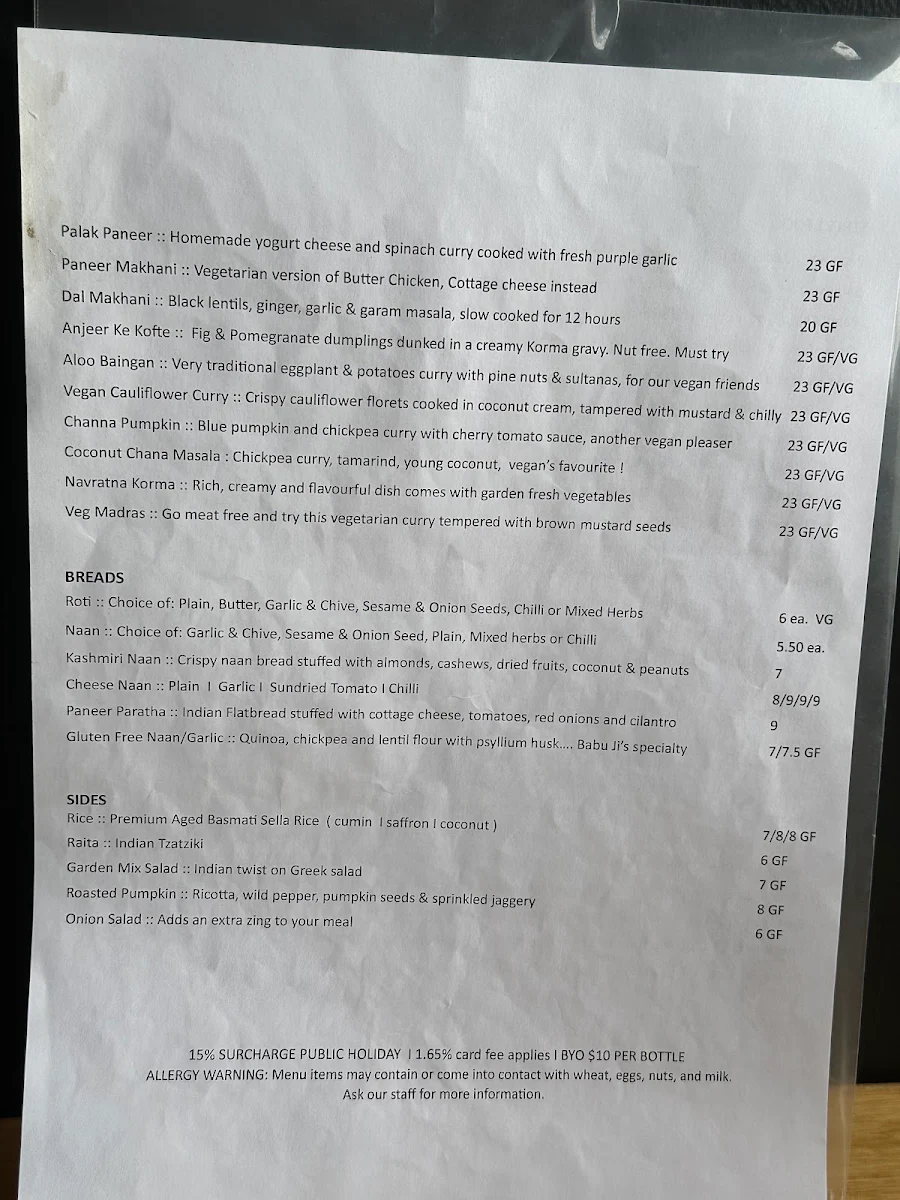Menu, Babu Ji