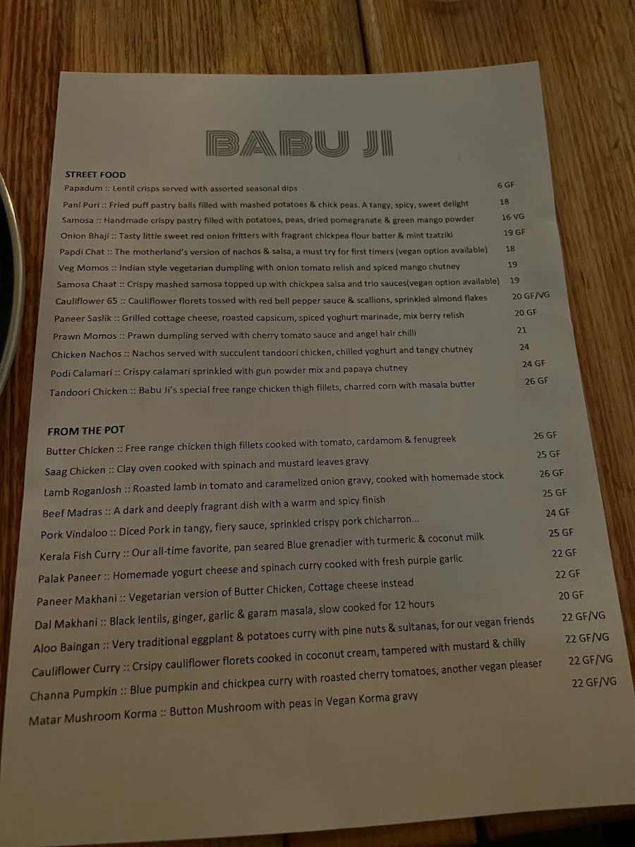 Menu, Babu Ji