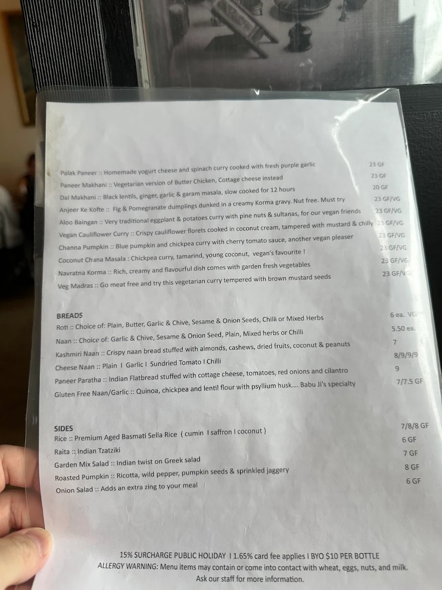 Menu, Babu Ji