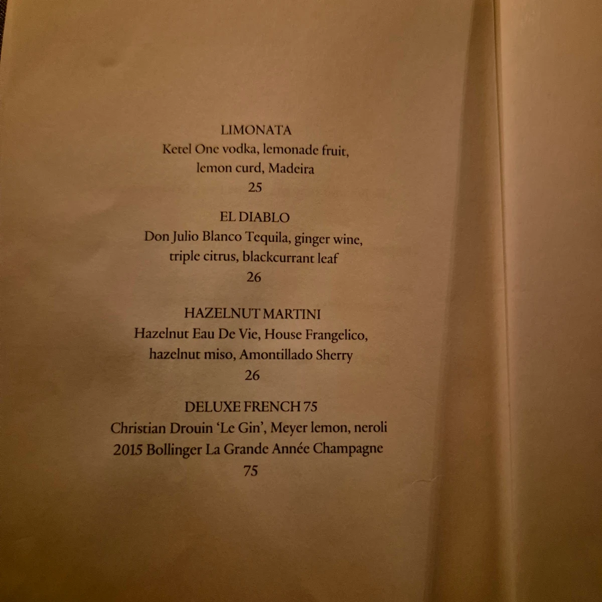 Menu, Apollo Inn