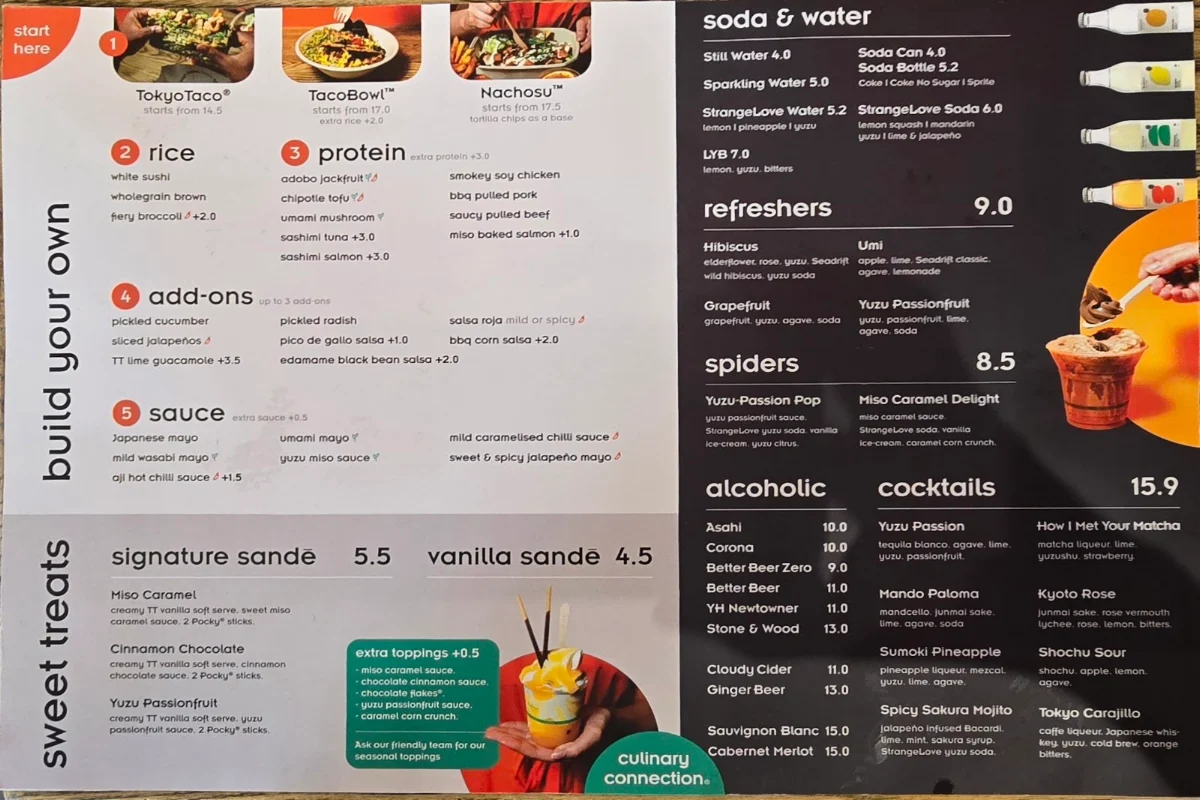 Menu, TokyoTaco Newtown