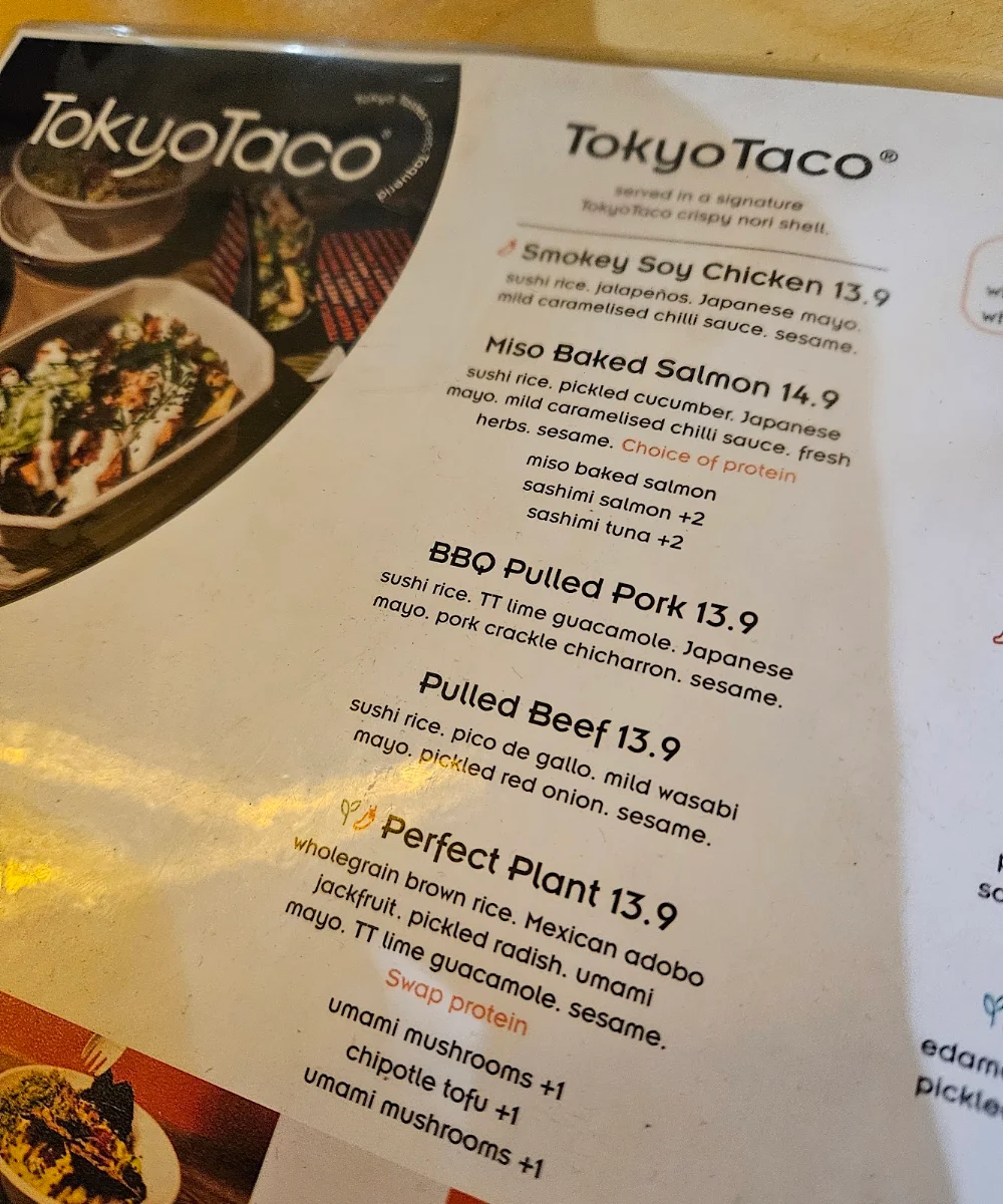 Menu, TokyoTaco Newtown